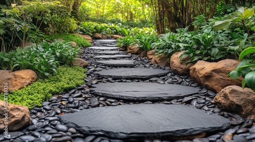 Serene garden path with stones and lush greenery during daytime