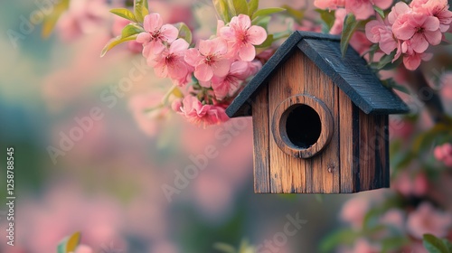 Wooden birdhouse hanging amidst blooming pink flowers in a sunny garden in sp...