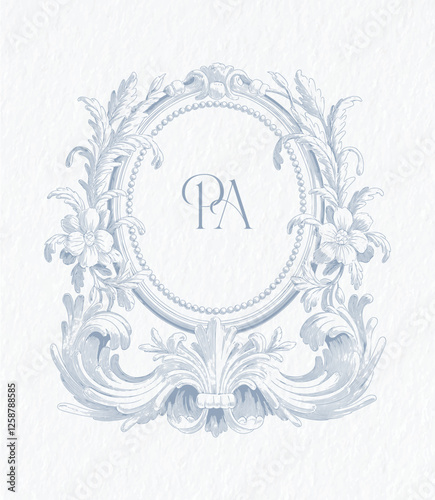 Vintage elegant wedding crest design. Arabesque with scrolls in Baroque style monogram. PA initial wedding monogram crest.