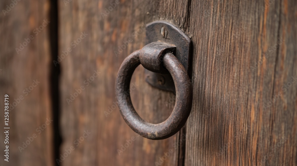 Rustic iron door knocker on old wooden door Rustic iron door knocker on old wooden door