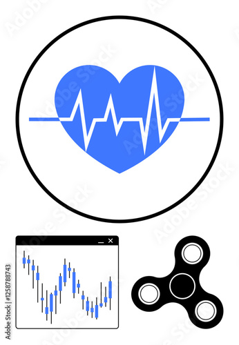 Blue heart with ECG line, a graph chart, and a black fidget spinner. Ideal for health, finance, relaxation, mental health, stress relief technology medical themes. Line metaphor