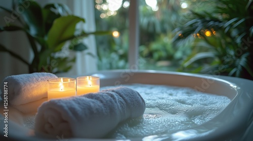 Relaxing spa experience with candles and fresh towels near a lush garden in s...