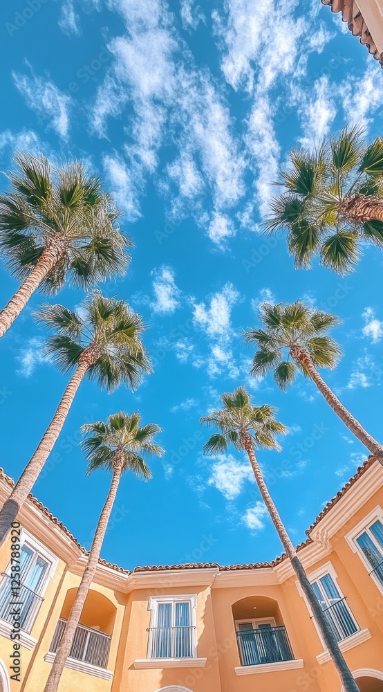 Fototapeta premium low angle view, palm trees, blue sky and hotel on exotic destination. Summer vacation and leisure concept