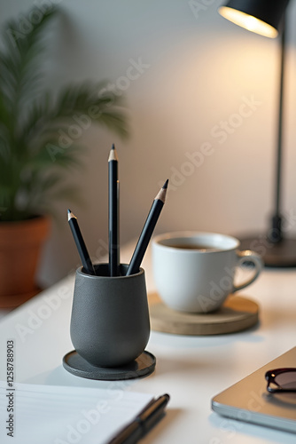 coffee cup and pen on table