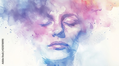 Watercolor illustration of a tranquil woman in soft pastel hues, blending abstract and dreamy elements to evoke calmness and imagination. AI generated.