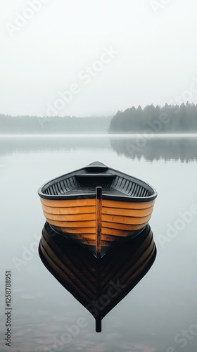 Misty morning on a calm lake with a solitary wooden boat reflecting on still ...