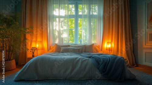 Cozy bedroom with natural light and soft textures in a serene setting during ...