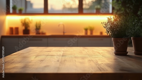 Cozy kitchen space with wooden table and plants during sunset glow