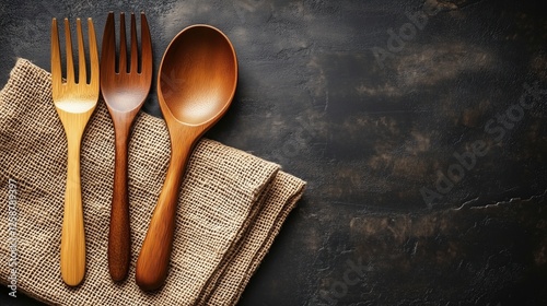 Wooden cutlery arranged on burlap background in a kitchen setting