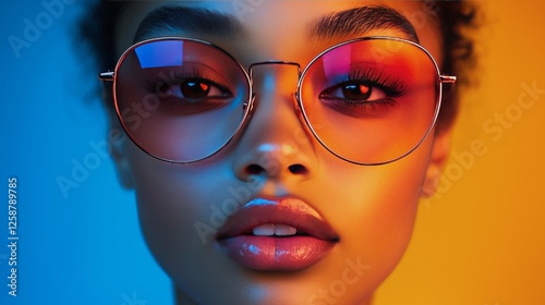Young woman wearing stylish sunglasses with vibrant colors in bright light se...