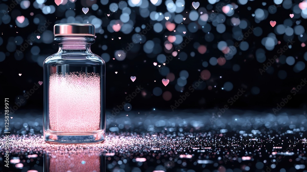 A sparkling glass bottle filled with pink liquid, surrounded by shimmering particles and heart shapes, creating a dreamy, romantic atmosphere. A sparkling glass bottle filled with pink liquid, surrounded by shimmering particles and heart shapes, creating a dreamy, romantic atmosphere.