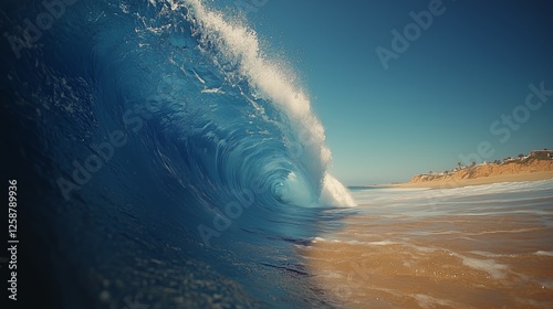 Waves crashing onto the beach under clear blue skies in a serene coastal view