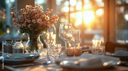 Elegant dinner setting with flowers and candles during sunset at a cozy resta...