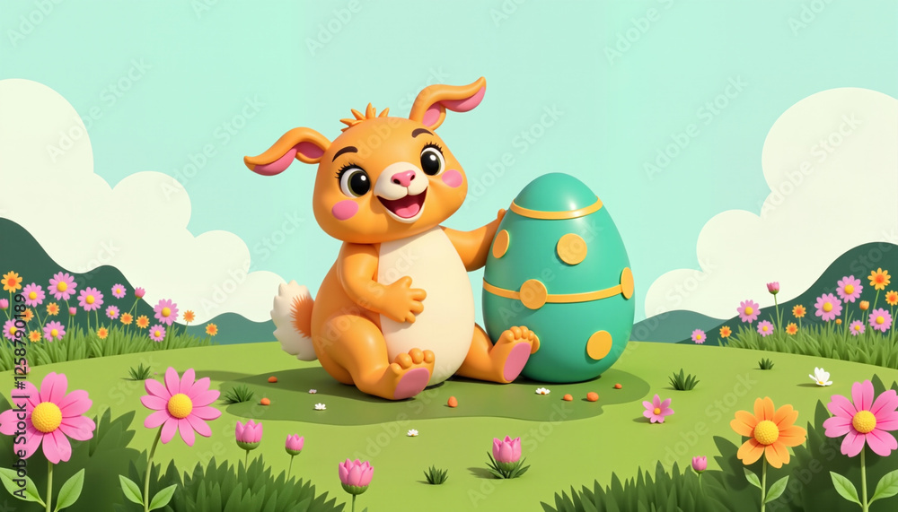 Obraz premium Cheerful cartoon bunny character sitting next to a decorated Easter egg in a colorful meadow