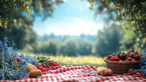 Colorful picnic spread with fruits and flowers in a sunny outdoor setting nea...