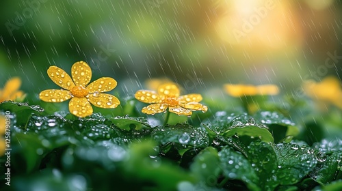 Beautiful yellow flowers with raindrops in a lush green garden at sunset