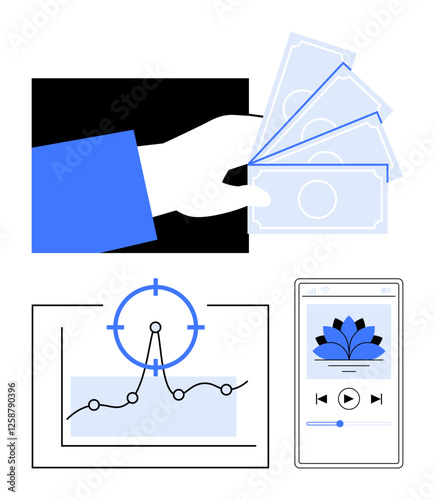 Hand holding cash, line chart with target, mobile app promoting mindfulness. Ideal for finance, budgeting, analytics, focus, productivity wellness digital tools. Abstract line flat metaphor