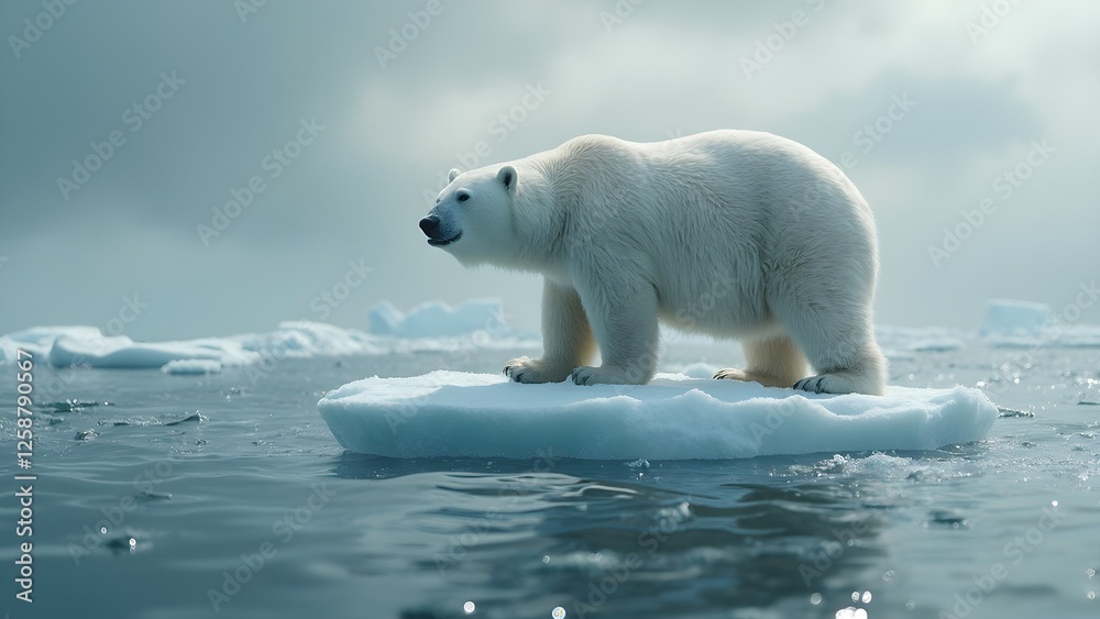 Polar bear on melting ice. Climate change impacts on wildlife. Arctic habitat loss due to global warming. Urgent need for climate action now. Polar bear on melting ice. Climate change impacts on wildlife. Arctic habitat loss due to global warming. Urgent need for climate action now.