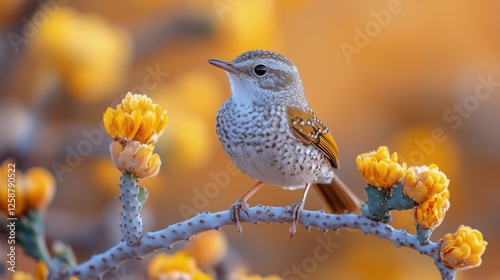 Bird perched on branch with blooming yellow flowers in soft light during earl...