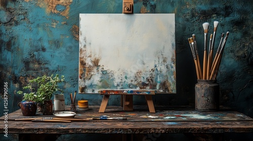 Creative workspace with paint brushes and blank canvas in a vibrant studio se...