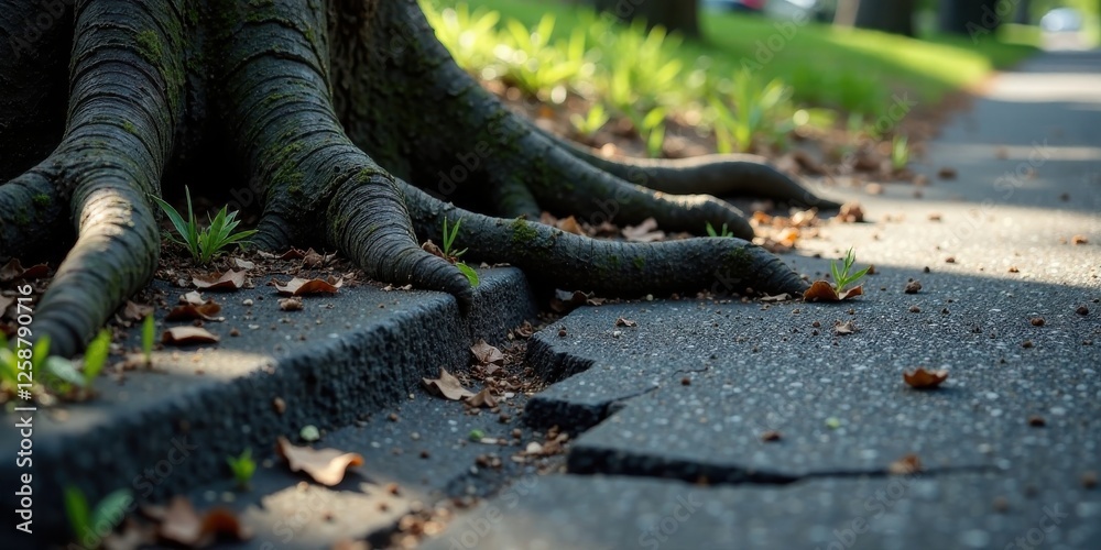 Ancient Tree Roots Pushing Through Cracked Pavement, A Testament to Nature's Unstoppable Force Ancient Tree Roots Pushing Through Cracked Pavement, A Testament to Nature's Unstoppable Force