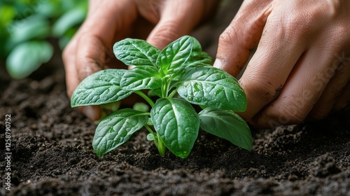 Gardener planting young green seedlings in rich dark soil on a sunny day in a...