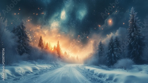 Winter road illuminated by a cosmic sky with stars and glowing colors at dusk