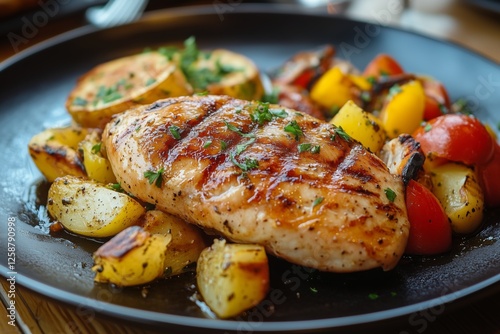 Grilled chicken breast served with roasted vegetables and herbs on a black plate