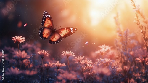 Butterfly flying over blooming flowers in a serene garden at sunset