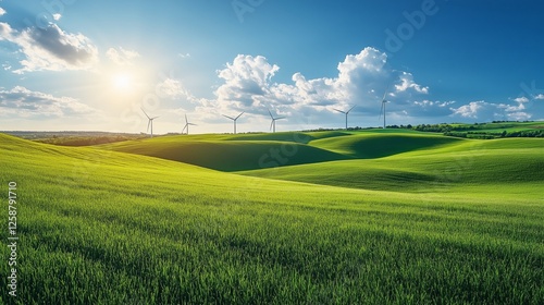 Wind turbines dotting a vibrant green landscape under a bright blue sky