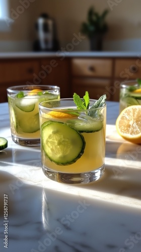 Refreshing cucumber lemonade served in glasses on a marble countertop during ...