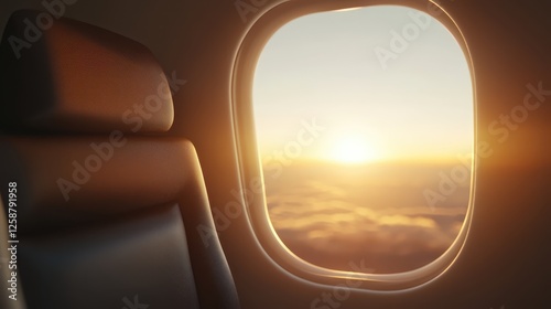 A serene sunrise fills the sky as seen from an airplane window, with soft clouds visible below and an empty leather seat next to the window, creating a peaceful moment during flight photo