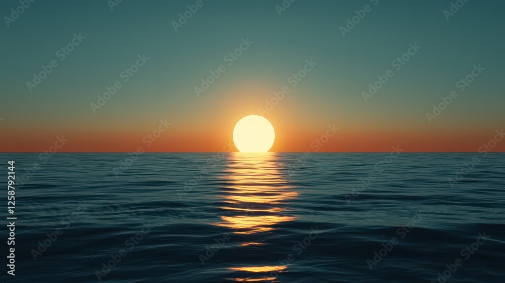 Sunset casts warm hues across the sky and ocean, with the sun lowering on the horizon. Ripples create shimmering reflections, creating a tranquil atmosphere Sunset casts warm hues across the sky and ocean, with the sun lowering on the horizon. Ripples create shimmering reflections, creating a tranquil atmosphere
