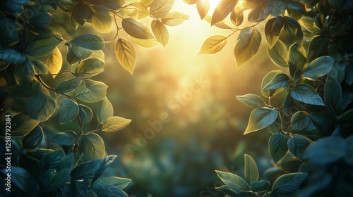 Sunlight streaming through green leaves creates a serene atmosphere in a lush...