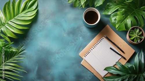 Working space with notepad, pens, coffee, and tropical plants on a blue desk