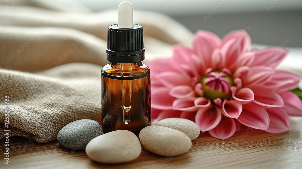 Fototapeta premium Essential oil bottle, spa stones, flower, wellness, home