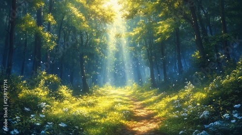 Light filters through trees in a tranquil forest path during early morning hours