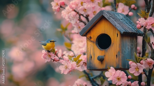 Bird perched on tree branch near wooden birdhouse surrounded by blooming pink...