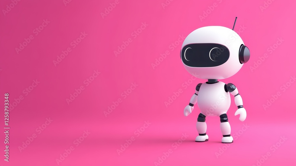 A small, friendly robot with a white body and black accents stands against a bright pink background. Its expression is cheerful, inviting engagement from viewers in a playful setting A small, friendly robot with a white body and black accents stands against a bright pink background. Its expression is cheerful, inviting engagement from viewers in a playful setting