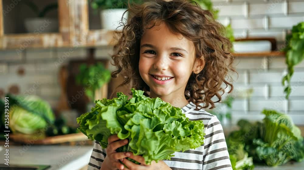 Smiling child holding fresh lettuce in a bright kitchen filled with greenery, showcasing healthy eating and joyful lifestyle Smiling child holding fresh lettuce in a bright kitchen filled with greenery, showcasing healthy eating and joyful lifestyle