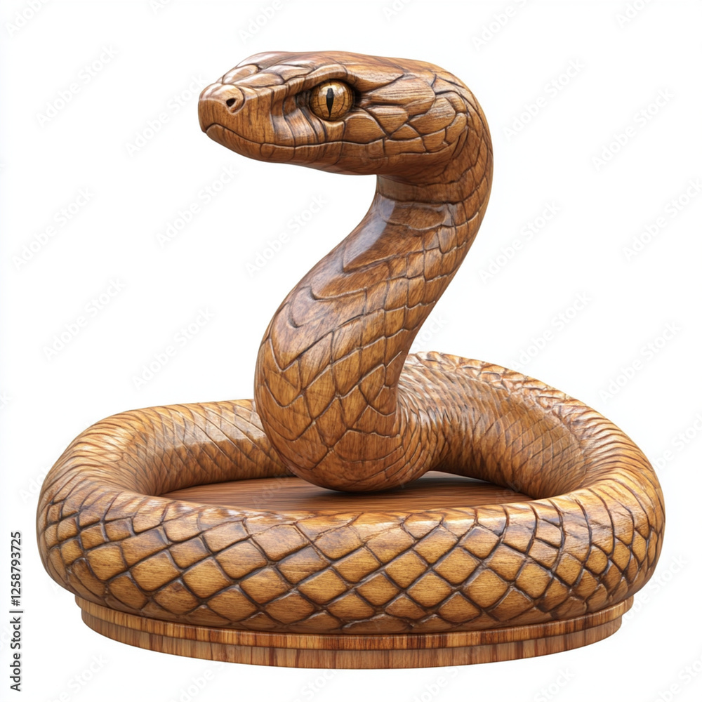 Fototapeta premium Realistic wooden snake sculpture, intricately carved coiled serpent, detailed scales, lifelike eyes, smooth polished wood texture, natural wood grain, artistic craftsmanship, striking pose.