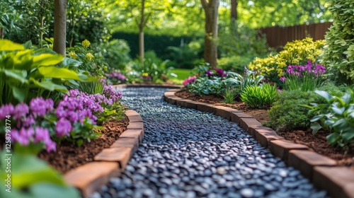 Beautiful garden pathway lined with vibrant flowers and lush greenery in sere...