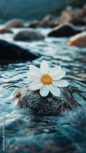 Delicate white flower rests on a rock in calm water during the golden hour by...