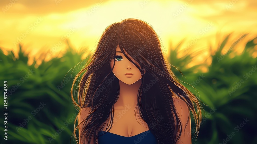 Fototapeta premium A young woman with flowing dark hair gazes thoughtfully into the distance, surrounded by lush green foliage as the sun sets, creating a warm glow in the sky