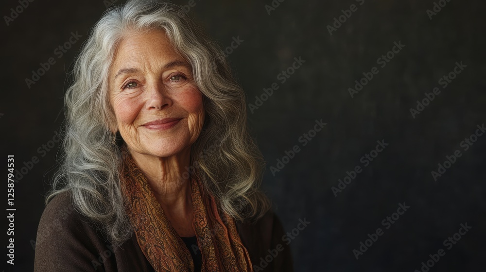 Portrait of an elderly woman with silver hair, smiling warmly against a dark background. Portrait of an elderly woman with silver hair, smiling warmly against a dark background.