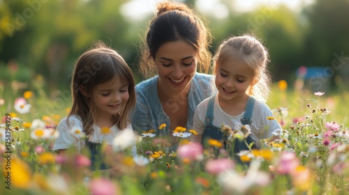 Enjoying a sunny afternoon in a flower field with children