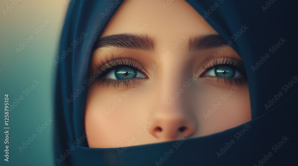 A young woman with captivating blue eyes gazes intently. She wears a dark hijab, creating a striking contrast against a softly lit background at sunset A young woman with captivating blue eyes gazes intently. She wears a dark hijab, creating a striking contrast against a softly lit background at sunset