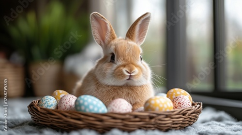 Cute rabbit sitting in a basket filled with colorful Easter eggs in a cozy in...