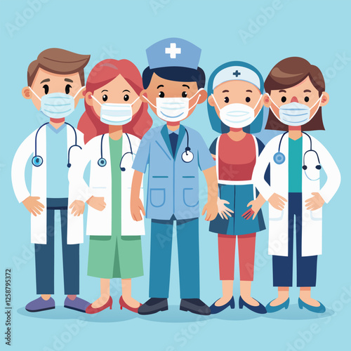 Set of smiling doctors, nurses and paramedics. Portraits of male and female medic workers in uniform with stethoscopes, masks and gloves. Flat cartoon vector illustration isolated on white background