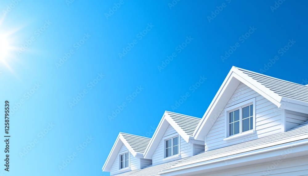 A modern white house features elegant rooftops against a clear blue sky and bright sunshine A modern white house features elegant rooftops against a clear blue sky and bright sunshine